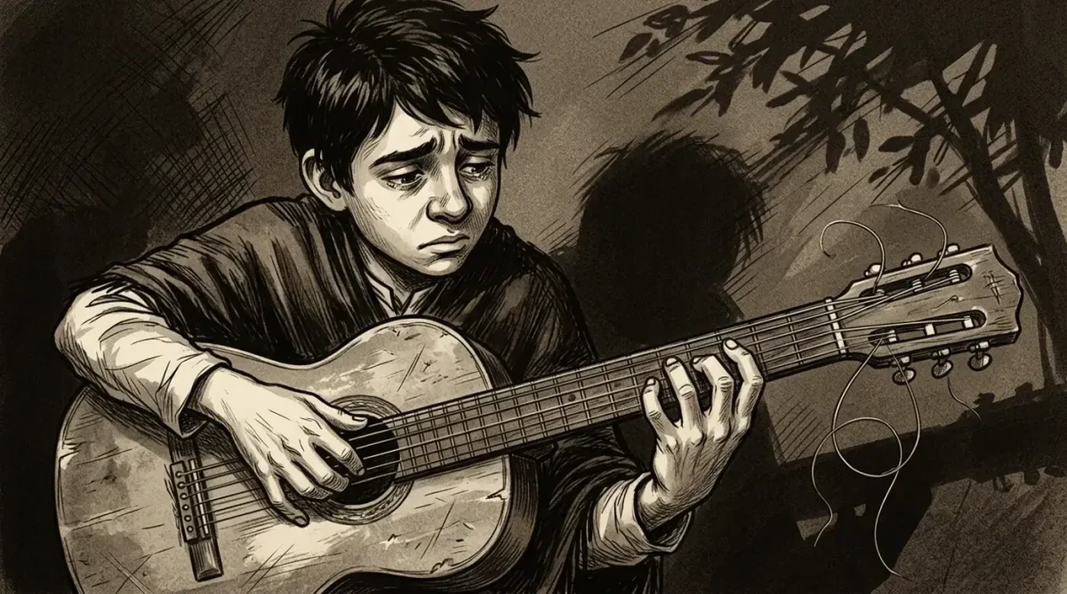 Nicanor, keçiboynuzu ağacının gölgesinde eski gitarını çalmaya çalışırken tellere ve parmaklarına dikkatle bakıyor.