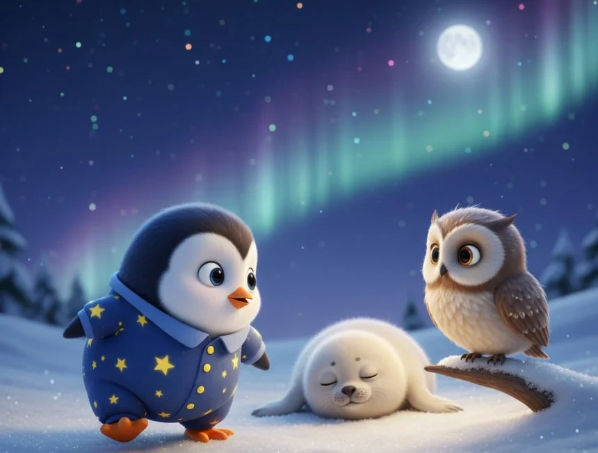 Pijamalı penguen Pamuk, karda uyuklayan fok yavrusu ve daldaki baykuşla karşılaşıyor