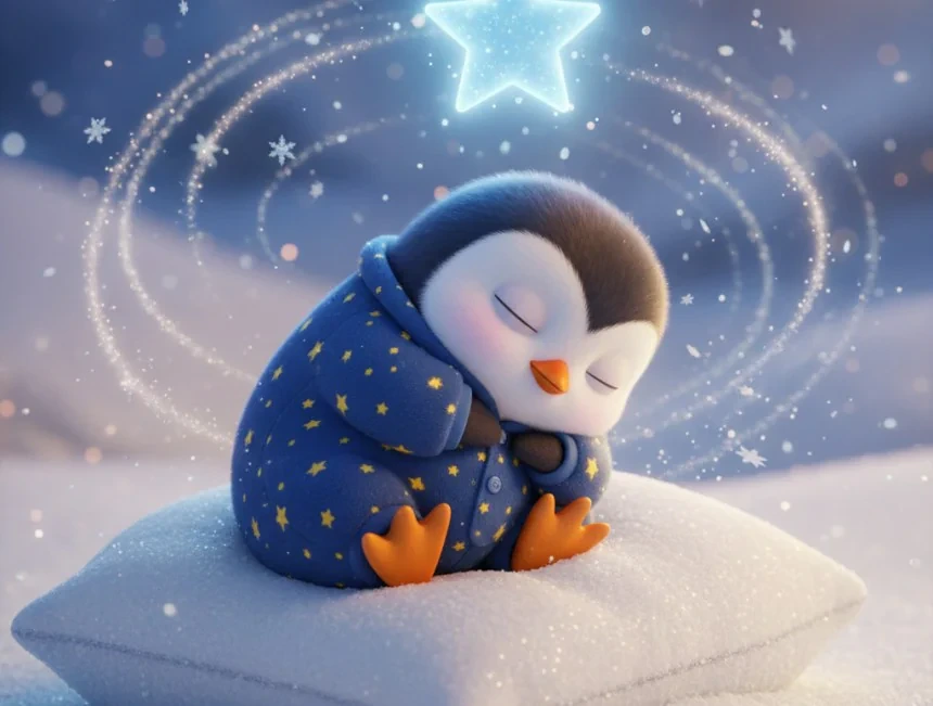 Mavi pijamalı penguen Pamuk kar yastığına kıvrılıp uyurken üstünde yıldız parlıyor