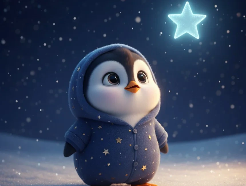 Mavi yıldızlı pijama giyen minik penguen Pamuk, karlı gecede parlayan bir yıldıza bakıyor
