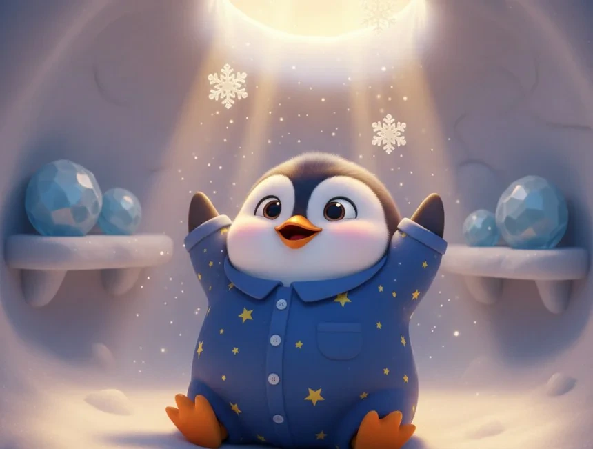 Mavi pijamalı penguen Pamuk, yuvasında uyanıp neşeyle kanatlarını kaldırıyor