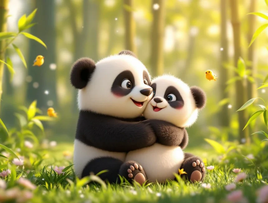 Anne panda yavrusuna sarılıyor, ikisi de mutlu görünüyor