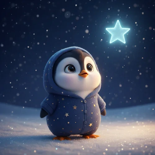 Mavi yıldızlı pijamalarıyla karlı gecede parlayan yıldıza bakan minik penguen Pamuk