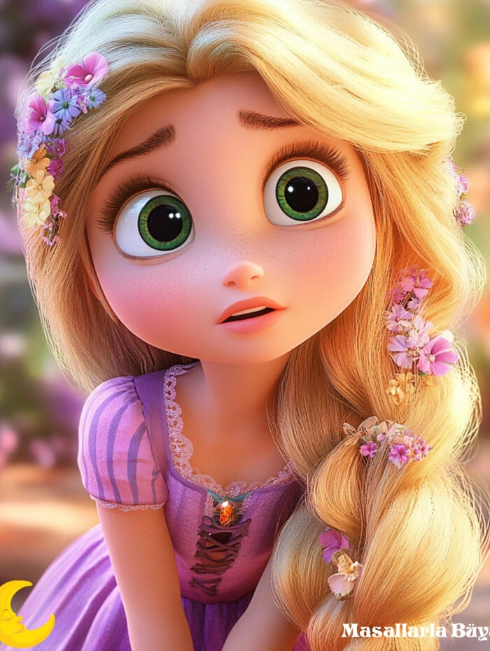 Uzun altın sarısı saçlı Rapunzel’in çiçeklerle süslü portresi
