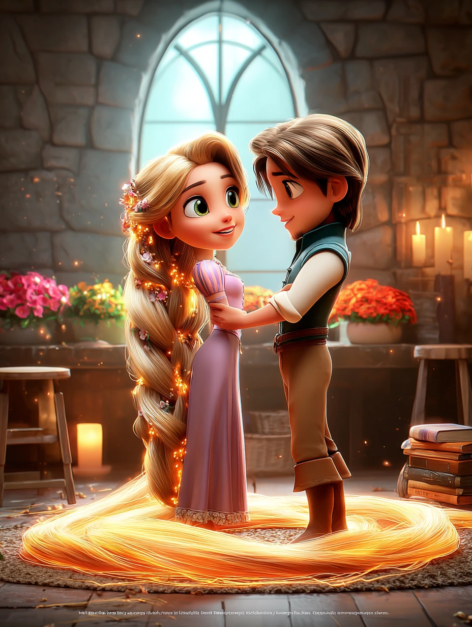 Rapunzel ve prens taş odada karşı karşıya duruyor