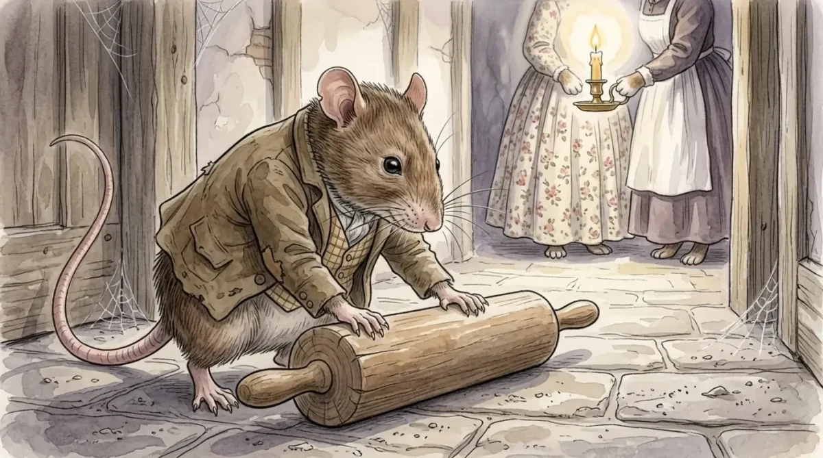 Samuel Whiskers, ahşap zemindeki bir açıklığın yanında merdaneyi taşıyor.