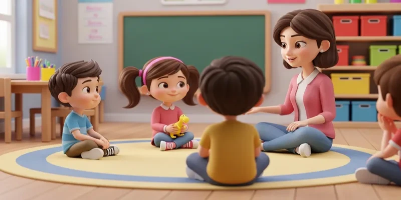 Çocuklar sınıfta öğretmenleriyle tanışma çemberinde oturuyor