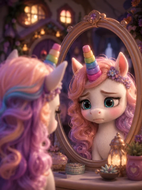 Pembe yeleli unicorn Solina, aynadaki yansımasında renkli spiral boynuzuna bakıyor.