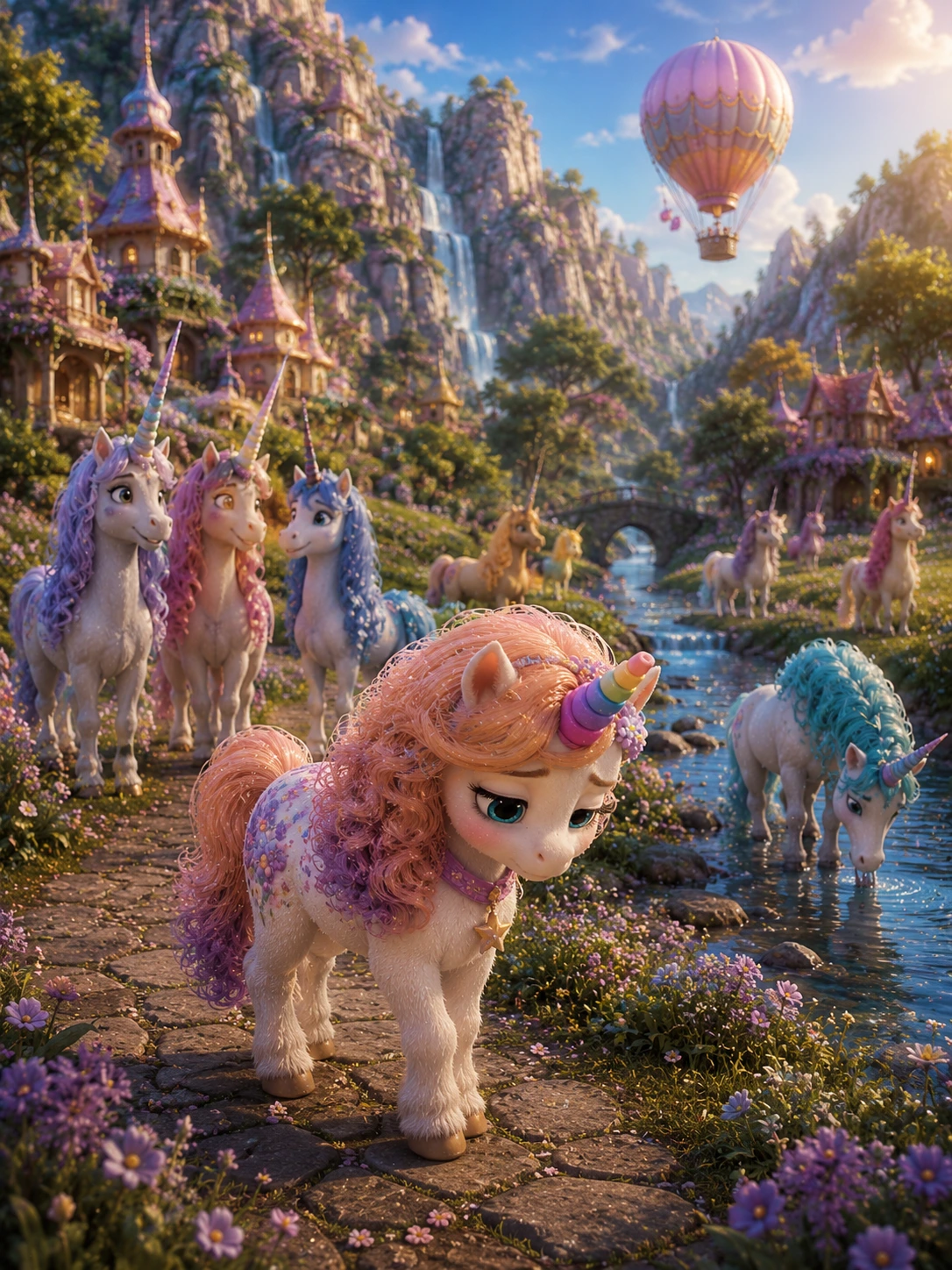 Pembe yeleli Solina, Gökkuşağı Vadisi’nde başı önde yürürken diğer unicornlar çevresinde görülüyor.