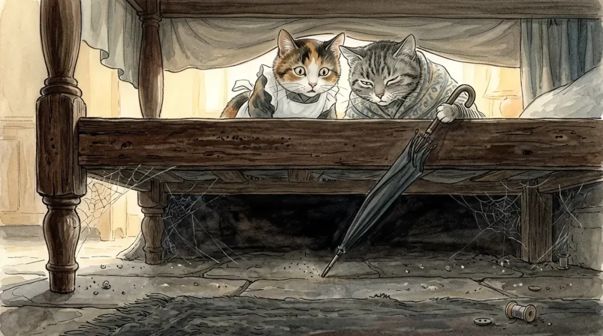 Tabitha ve Ribby, şemsiyeyle yatağın altını kontrol ediyor.