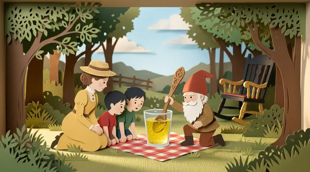 Ormandaki piknik örtüsünün yanında bir cüce sihirli kaşığı limonata dolu bardağa daldırıyor; anne ve çocuklar izliyor.