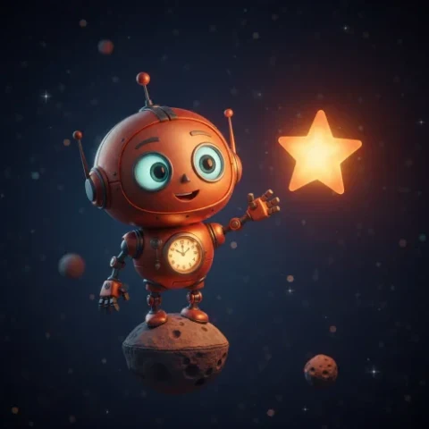 Bakır renkli küçük robot Tenekecik, asteroit üzerinde parlayan yıldızın yanında duruyor.