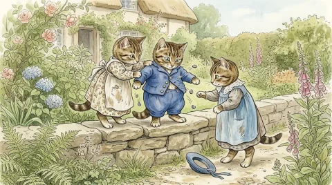 Tom Kitten ve iki kız kardeşi, taş bahçe duvarının üzerinde dağılmış kıyafetleriyle duruyor.
