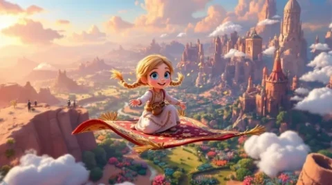 Elif, sihirli halısının üzerinde çiçekli ve yeşil bir diyarın üzerinde uçuyor.