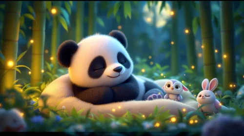 Uyuyan minik panda Pati, ormandaki küçük dostlarının yanında