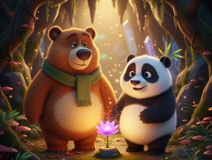 Yogi ve Recep mağarada mor çiçeğin yanında
